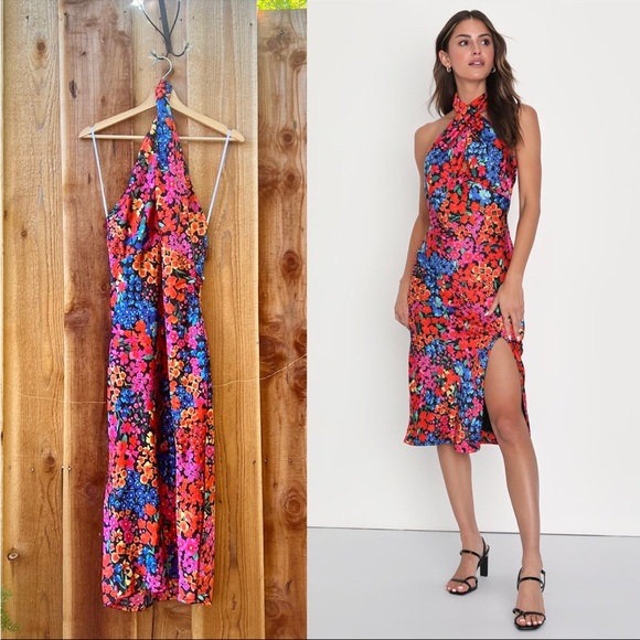 Black and Colorful Multi Floral Satin Halter Midi Dress 🌿 - Picture 4 of 11